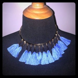 Cobalt blue and gold thread tassel necklace
